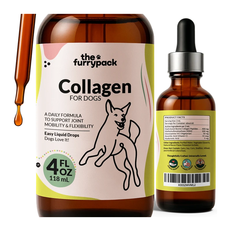 The Collagen for Dogs bottle next to its supplement facts panel