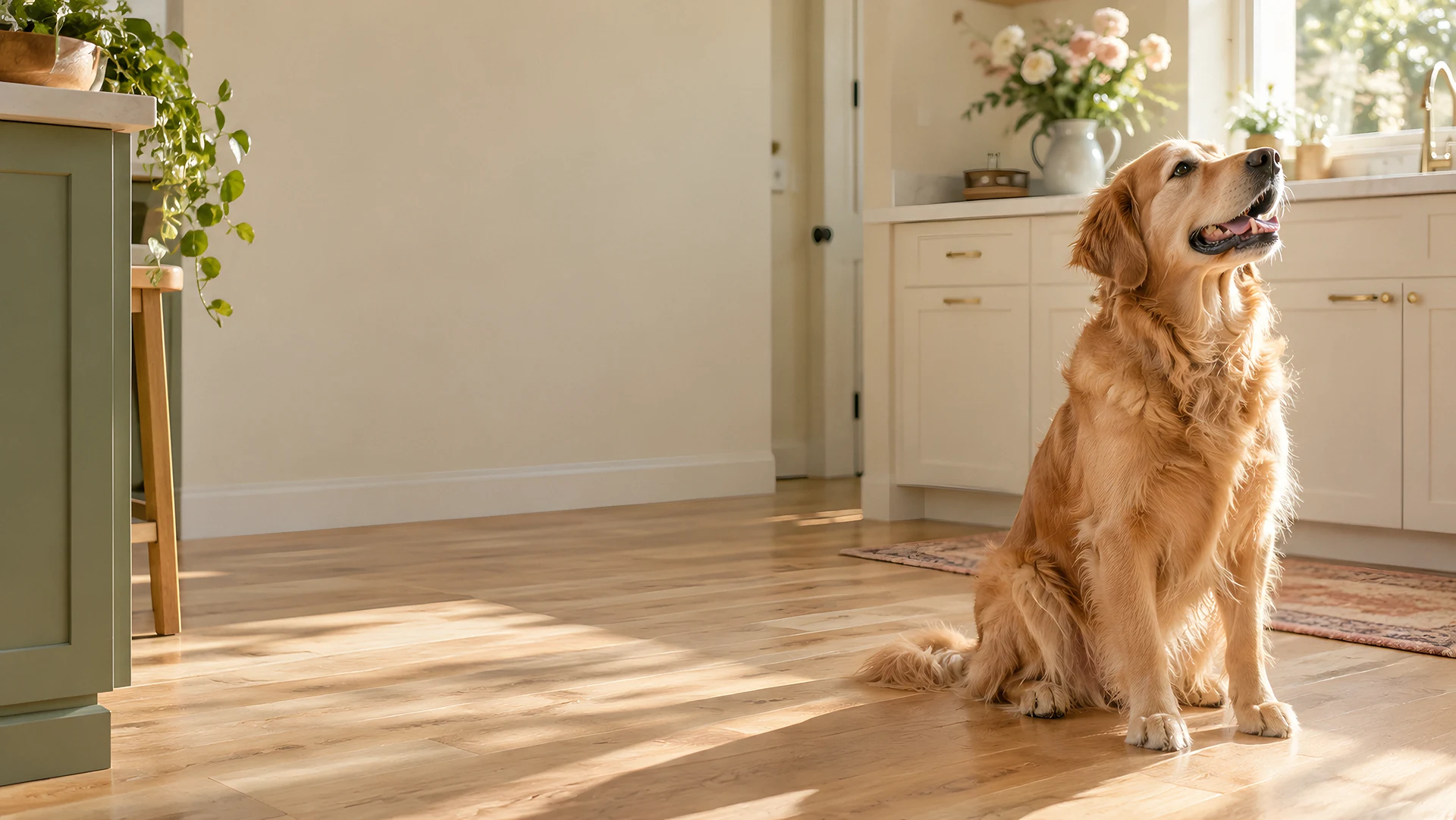 A golden retriever sitting in a sunny kitchen, looking up