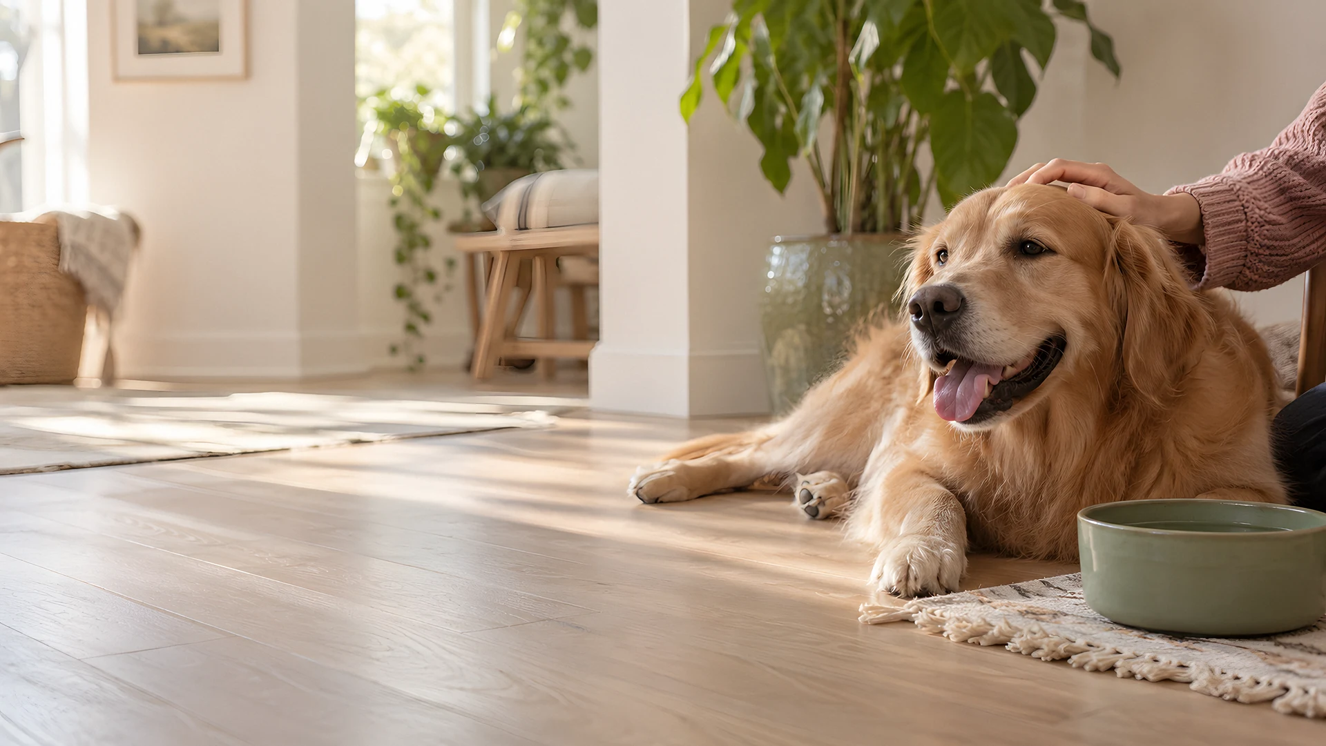 A hand gently petting a golden retriever resting on a sunny wooden floor