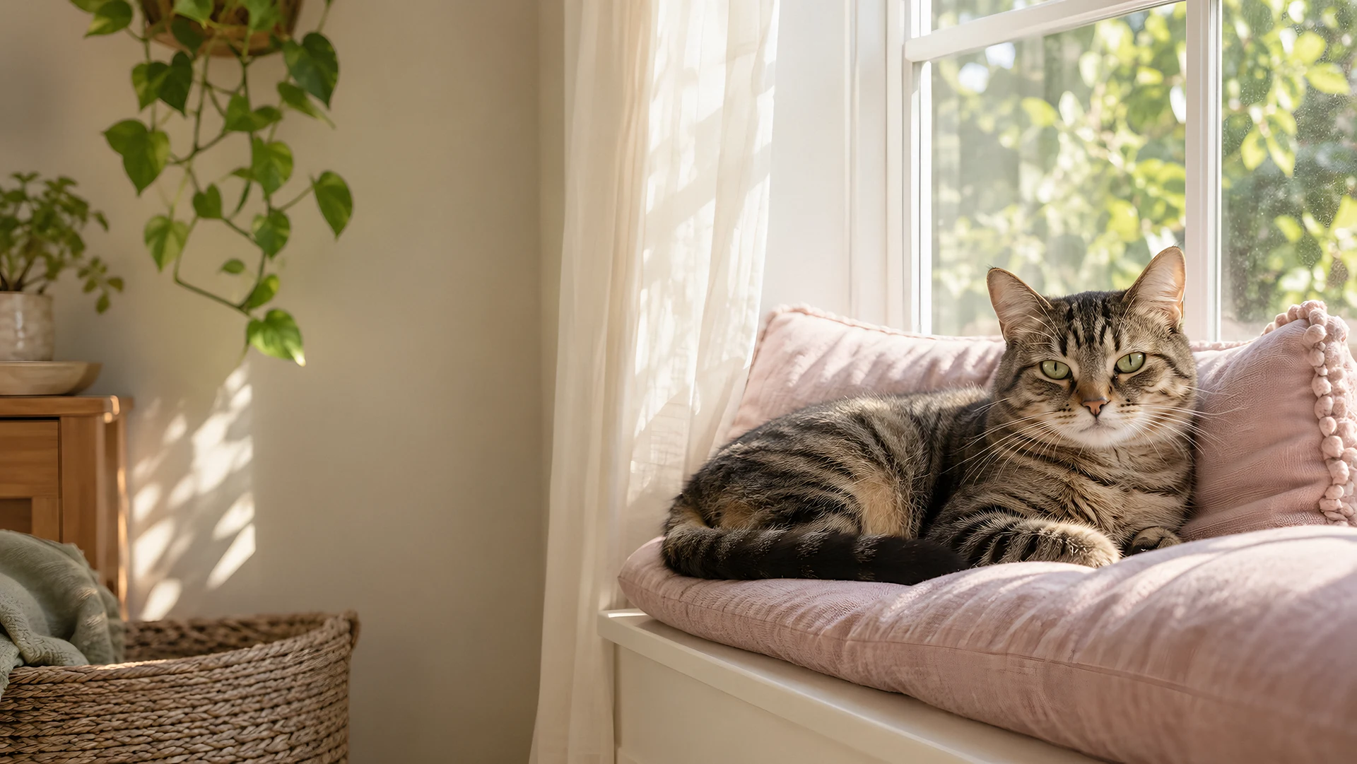 A tabby cat resting on a windowsill with a pink cushion