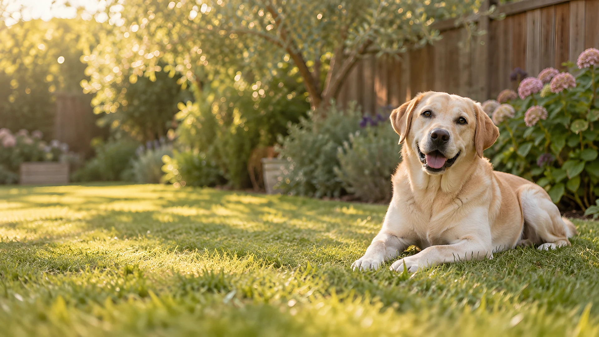 A labrador mix resting on a sunny lawn