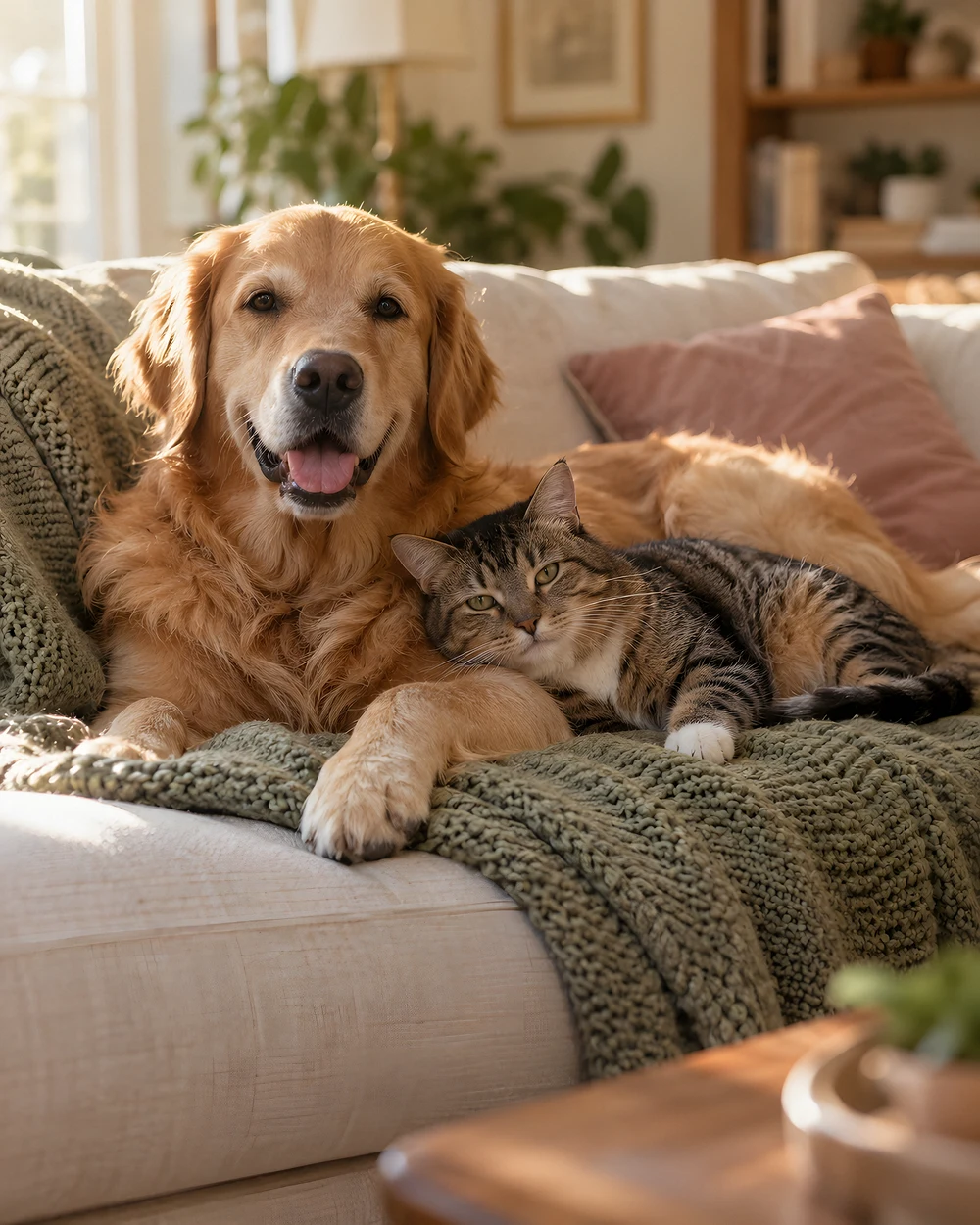 A golden retriever and a tabby cat resting together on a cream sofa