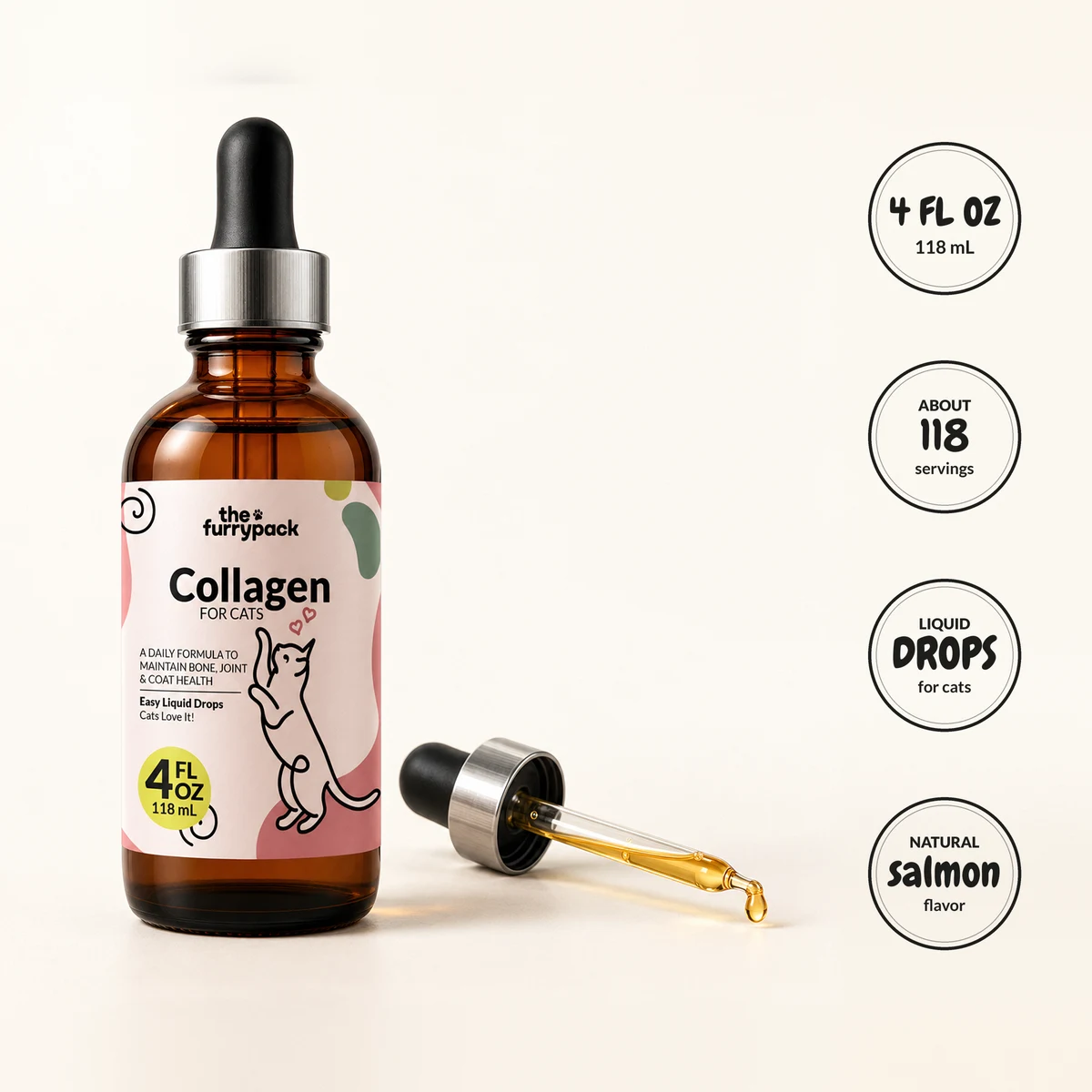 The FurryPack Collagen for Cats liquid drops bottle and dropper with its serving prop and four round label facts