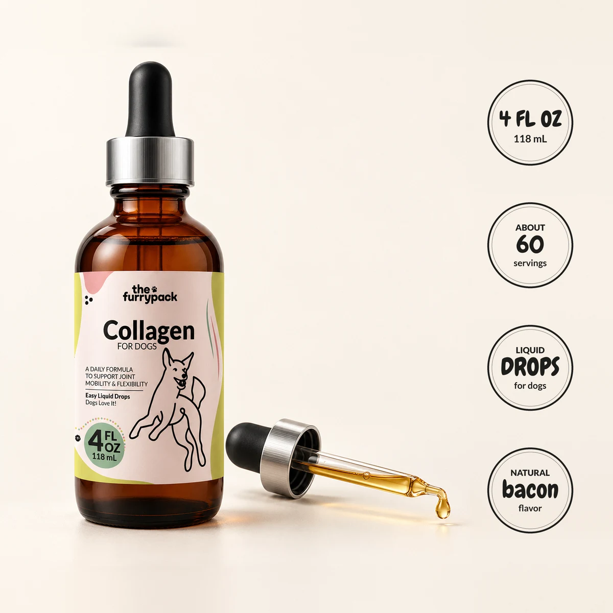 The FurryPack Collagen for Dogs liquid drops bottle and dropper with its serving prop and four round label facts