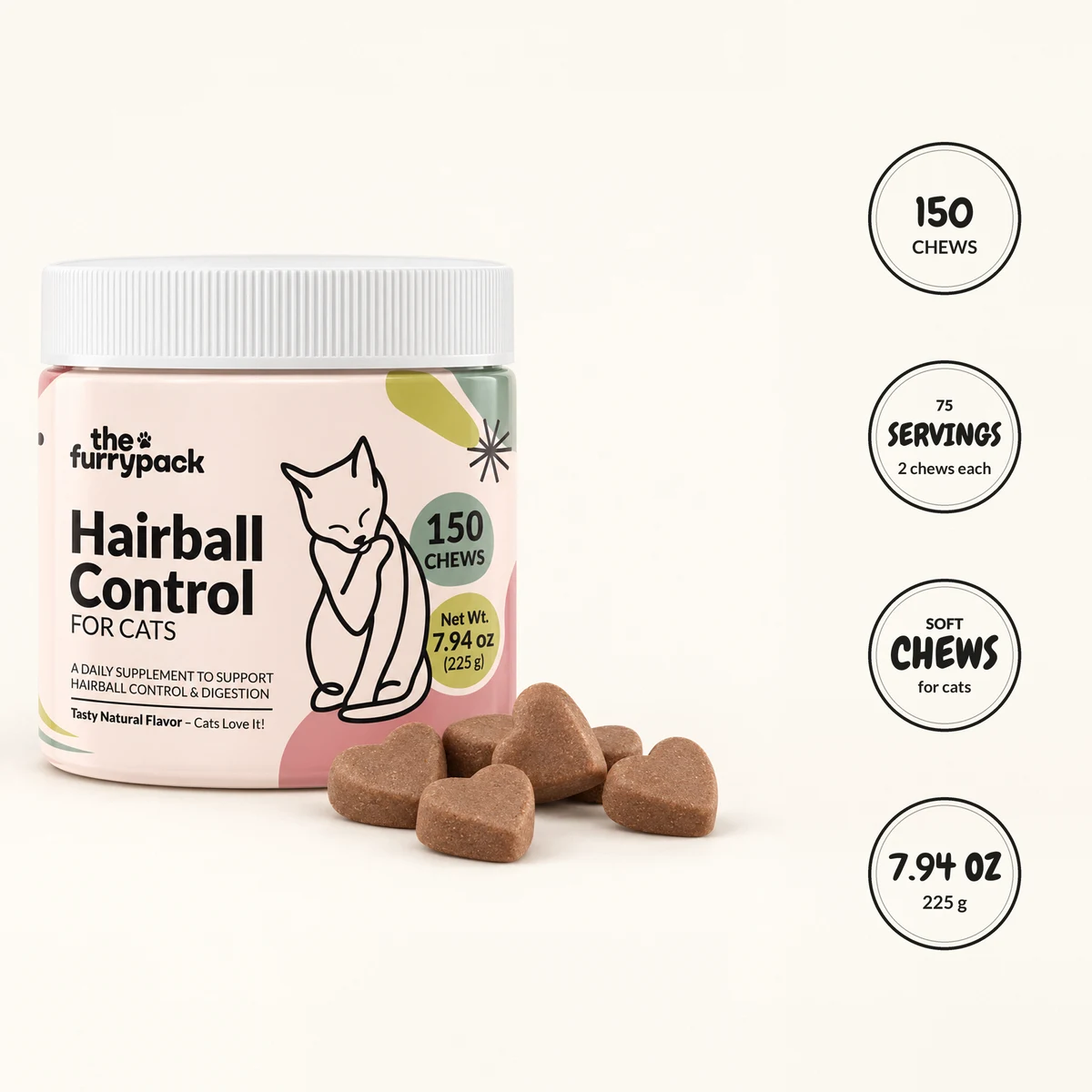 The FurryPack Hairball Control for Cats chew jar with its serving prop and four round label facts