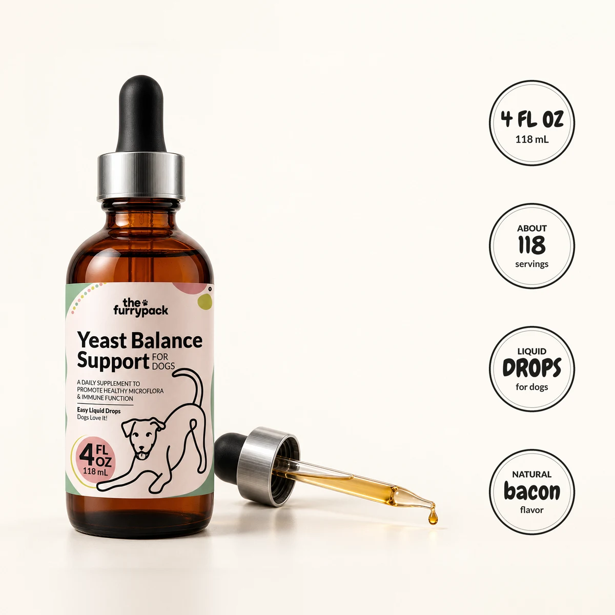 The FurryPack Yeast Balance for Dogs liquid drops bottle and dropper with its serving prop and four round label facts