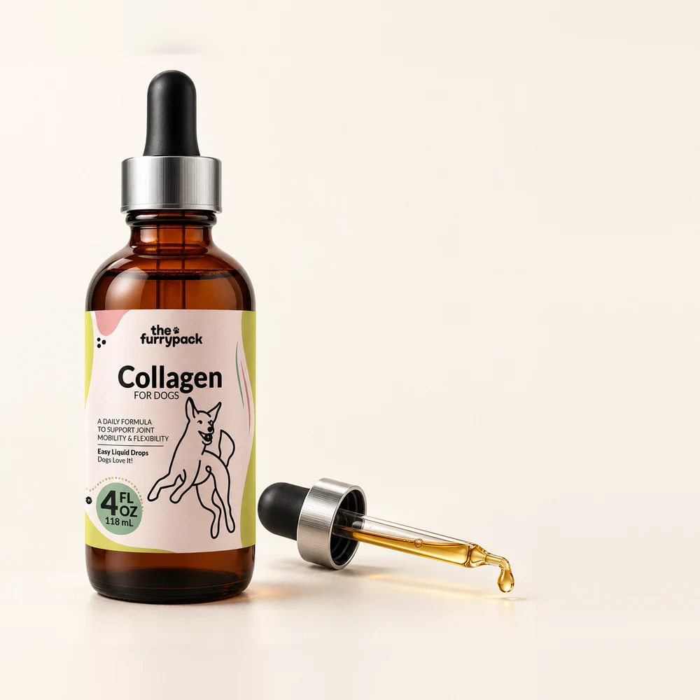 The FurryPack Collagen for Dogs liquid drops bottle and dropper