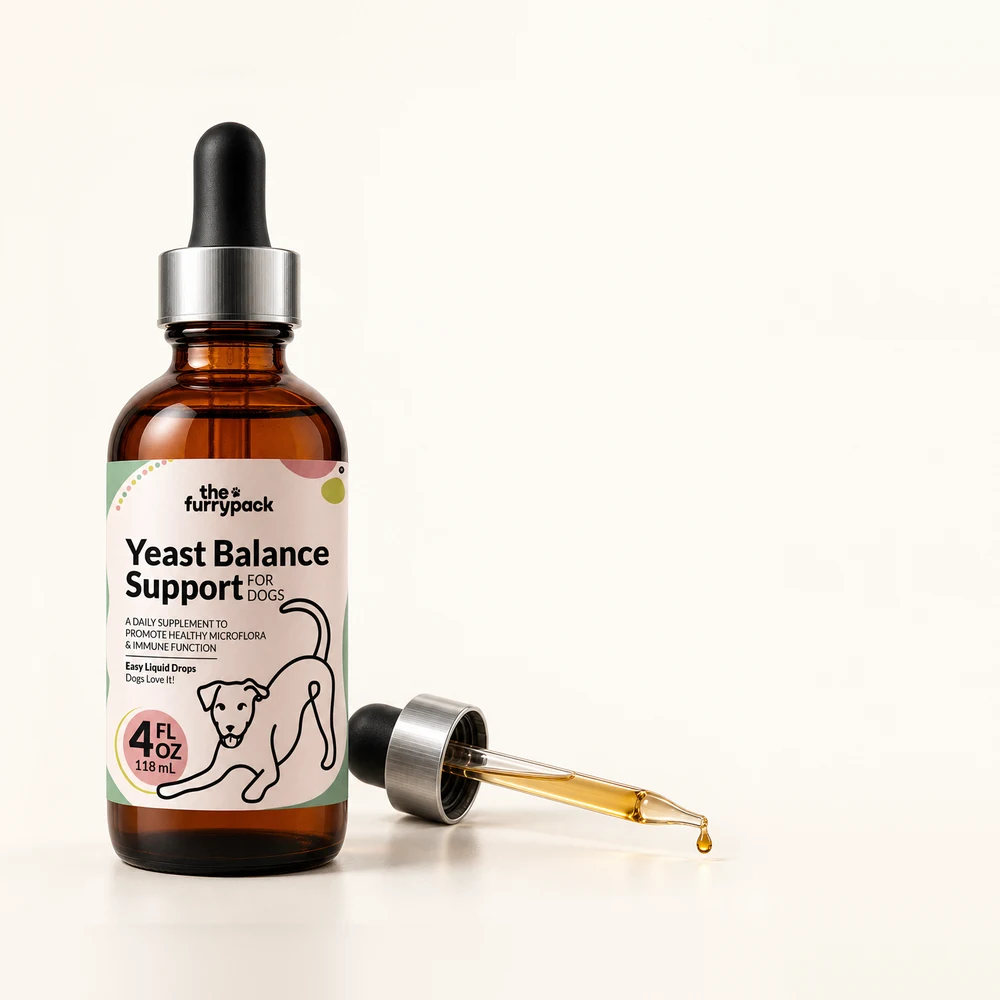 The FurryPack Yeast Balance for Dogs liquid drops bottle and dropper