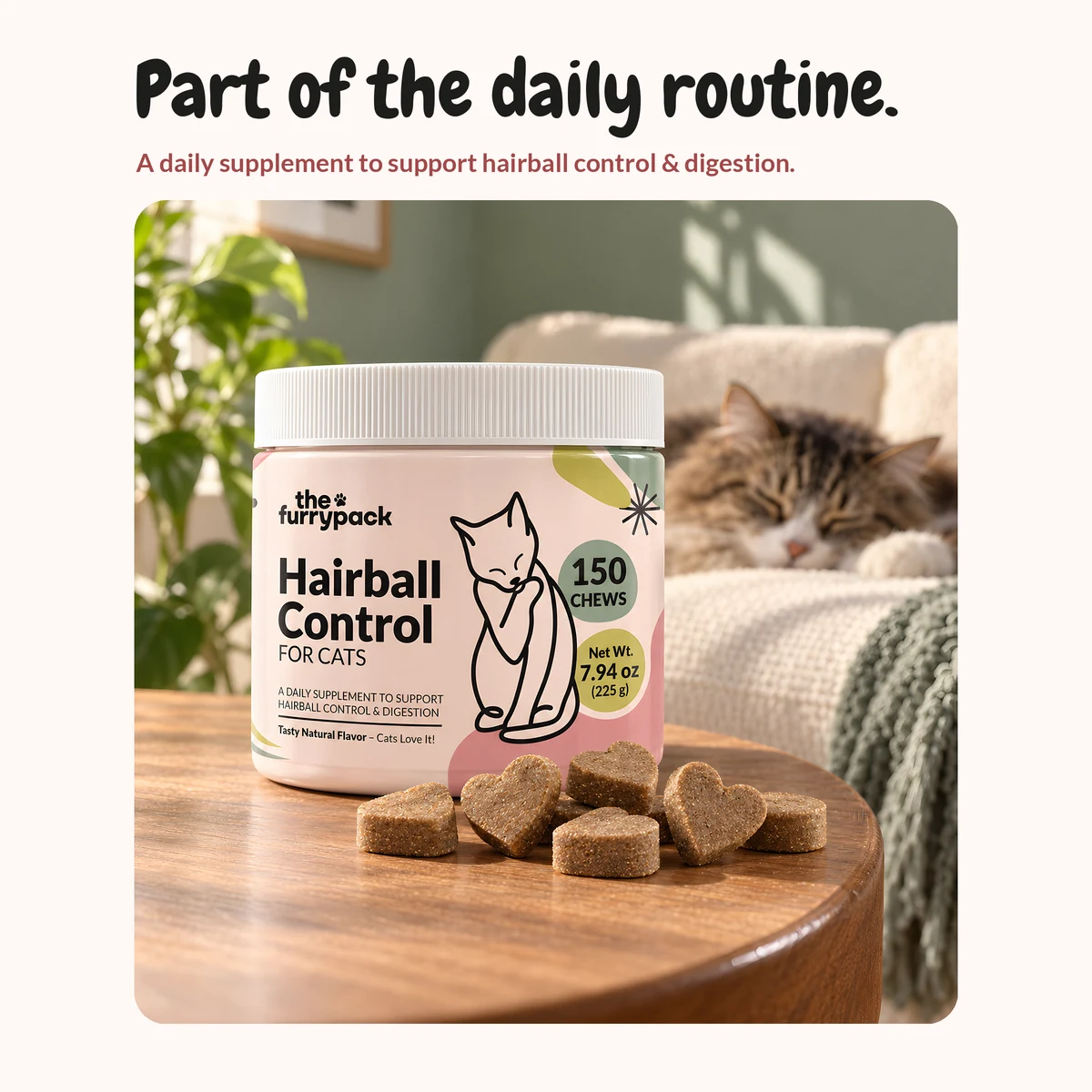 Hairball Control for Cats on a shelf at home, with the headline "Part of the daily routine."