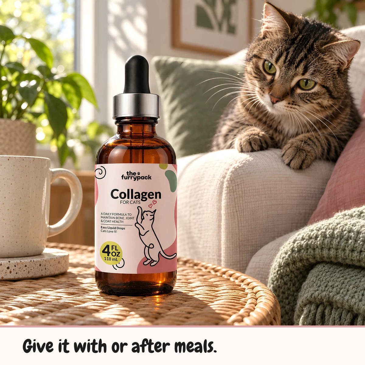 Collagen for Cats on a coffee table with a ginger cat asleep on the sofa, with a one-line caption