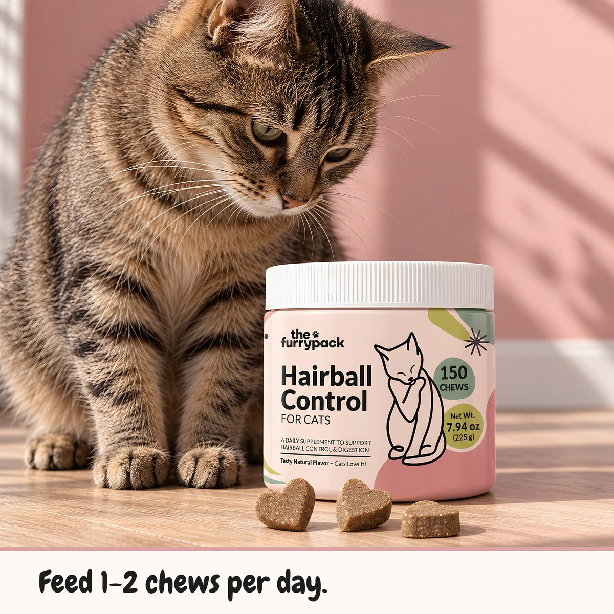 Hairball Control for Cats on a wooden floor with a tabby cat looking at it and chews in front, with a one-line caption