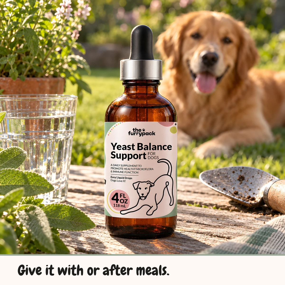 Yeast Balance for Dogs on a garden table with a golden retriever relaxing on the lawn, with a one-line caption