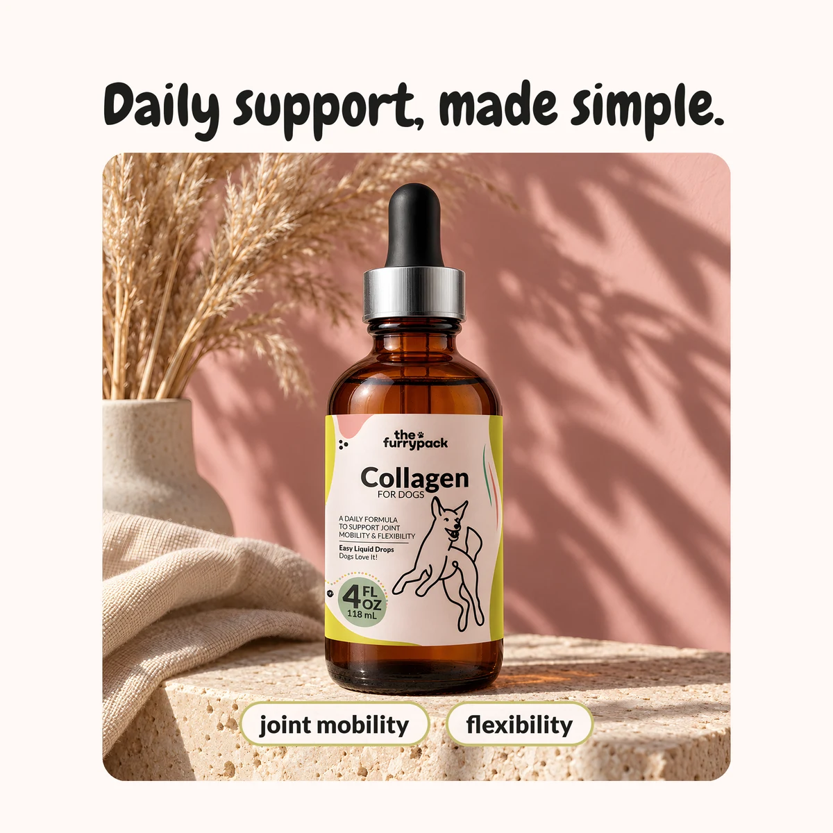 Collagen for Dogs with its label benefits: "Daily support, made simple."