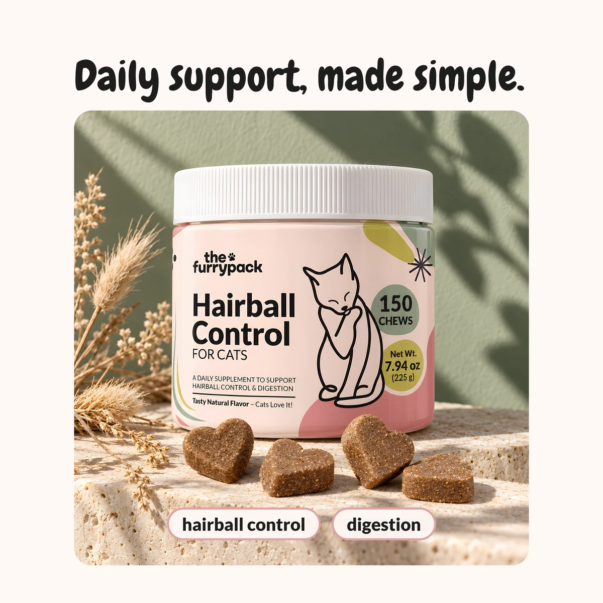 Hairball Control for Cats with its label benefits: "Daily support, made simple."