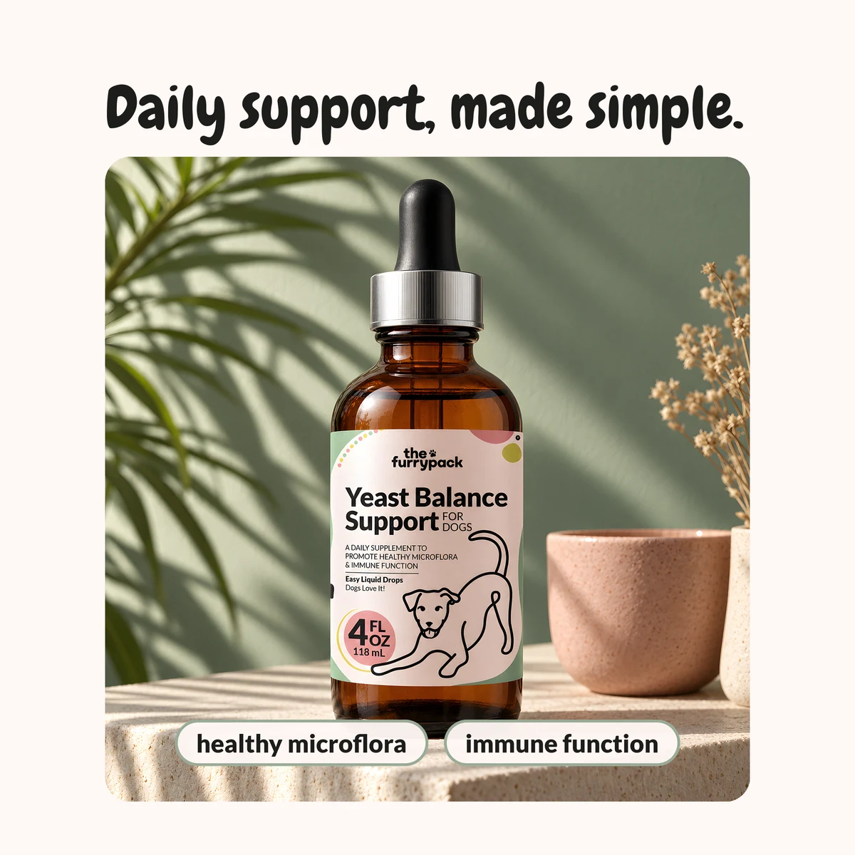 Yeast Balance for Dogs with its label benefits: "Daily support, made simple."