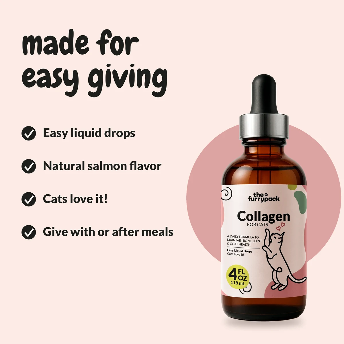Collagen for Cats: made for easy giving, a check list from the label