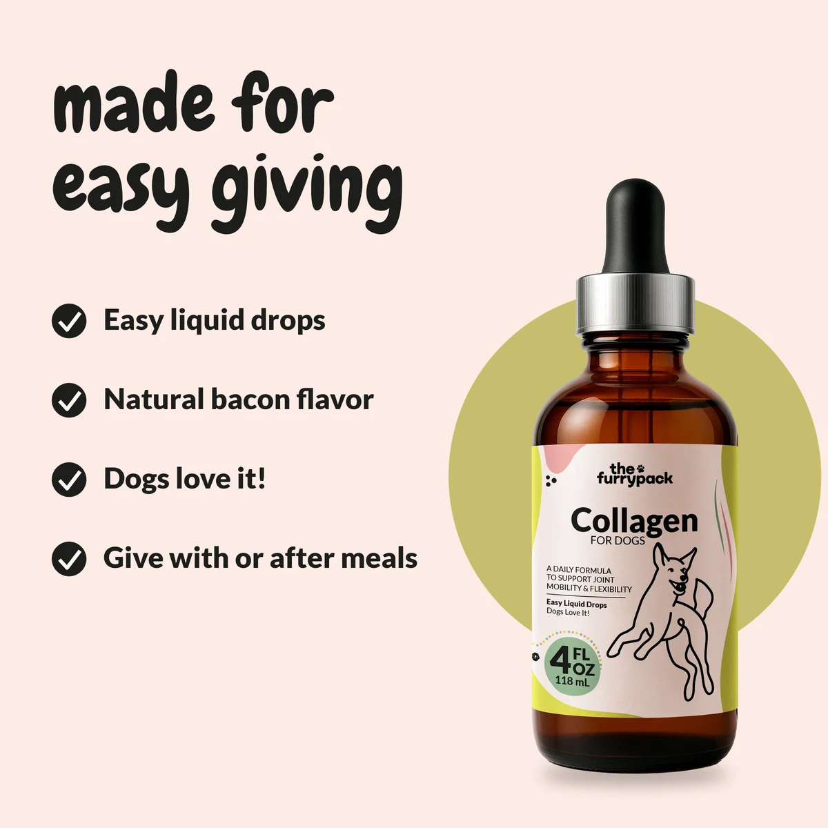 Collagen for Dogs: made for easy giving, a check list from the label