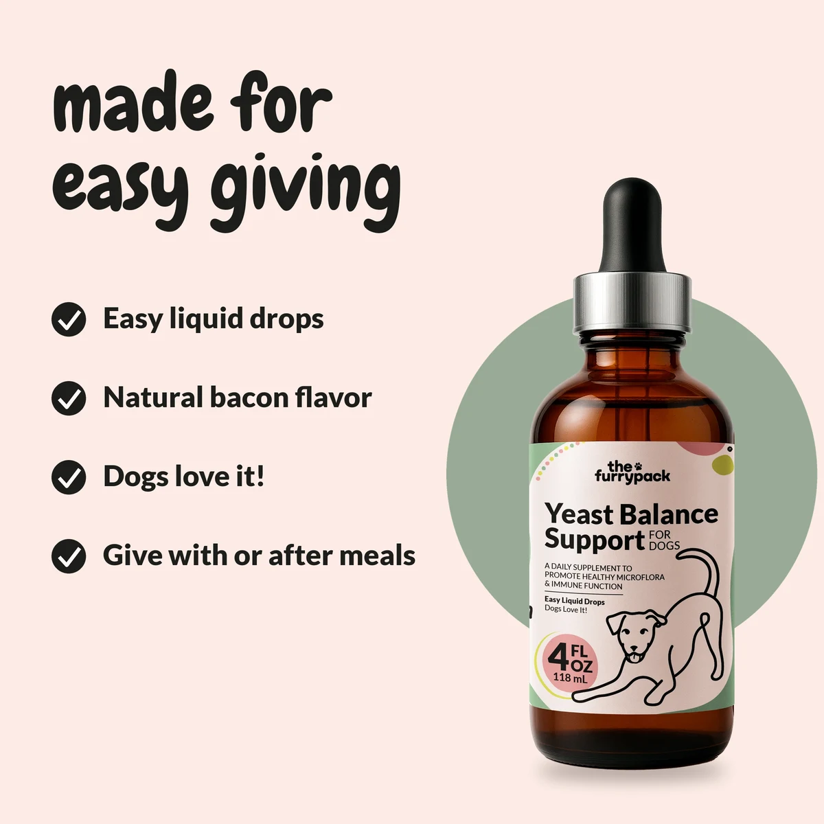 Yeast Balance for Dogs: made for easy giving, a check list from the label