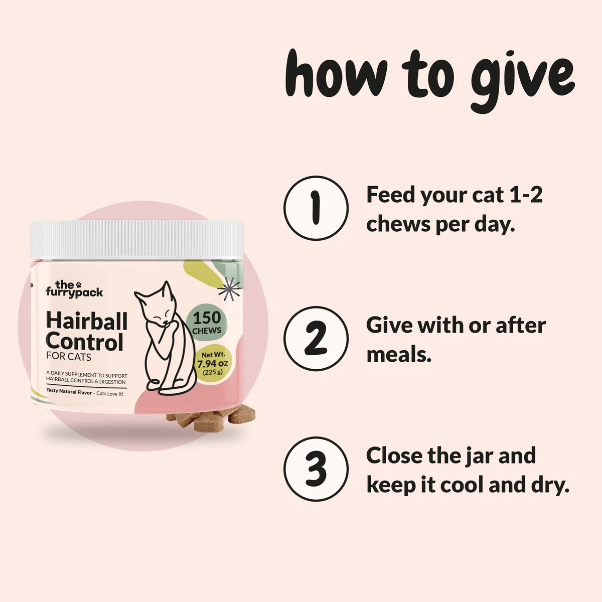 How to give Hairball Control for Cats, in three steps from the label directions