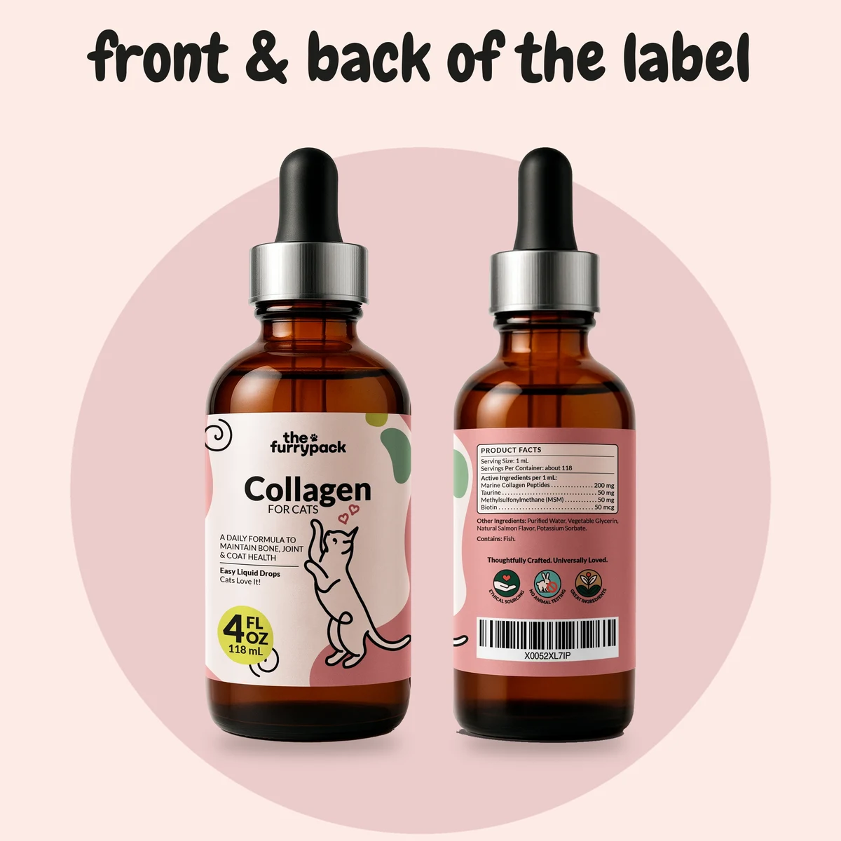 Collagen for Cats label: the whole bottle with the Product Facts panel on the back