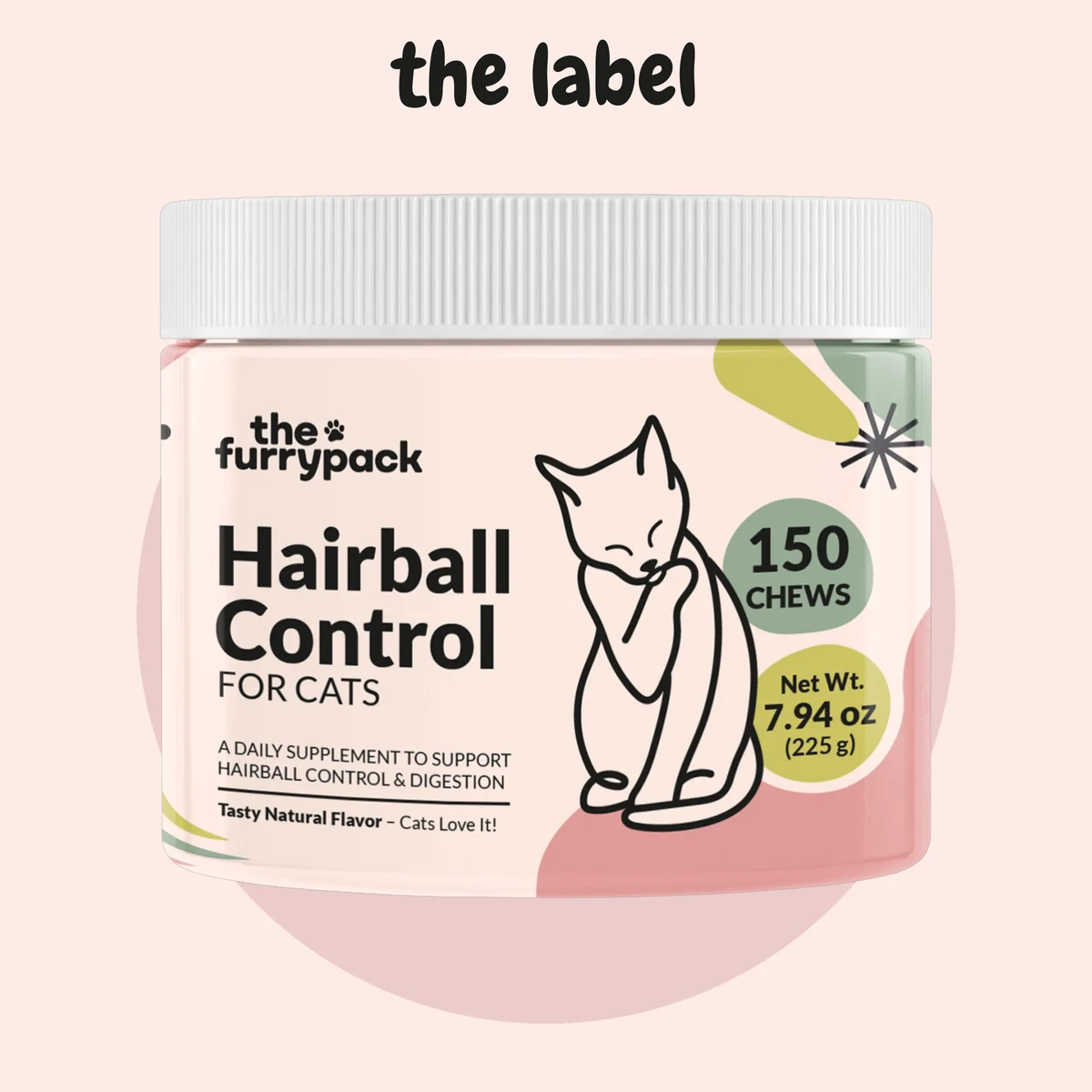 Hairball Control for Cats label: the whole bottle with the Product Facts panel on the back