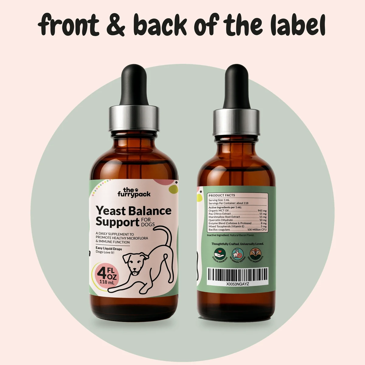 Yeast Balance for Dogs label: the whole bottle with the Product Facts panel on the back