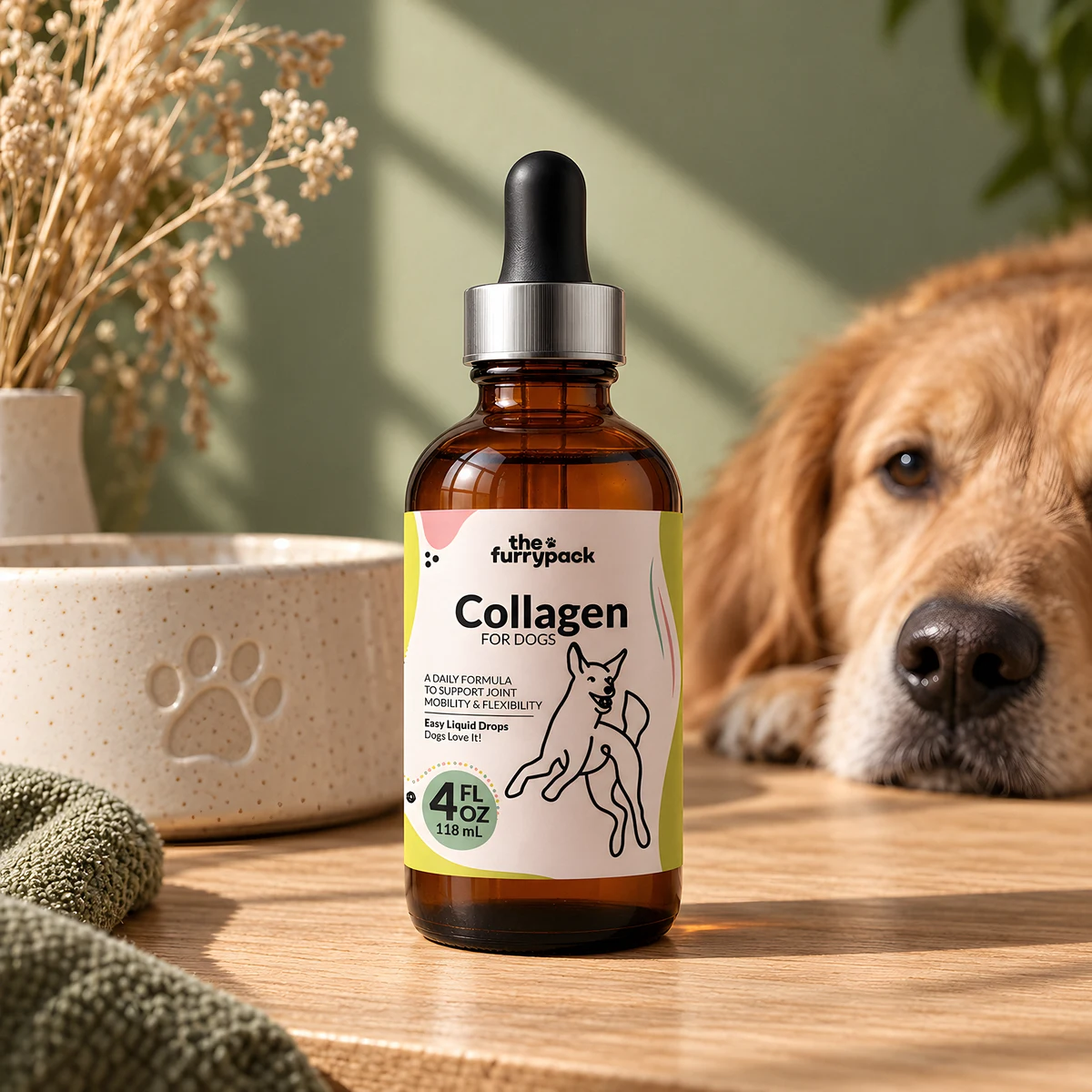 Collagen for Dogs on a wooden shelf with a golden retriever resting its head beside it
