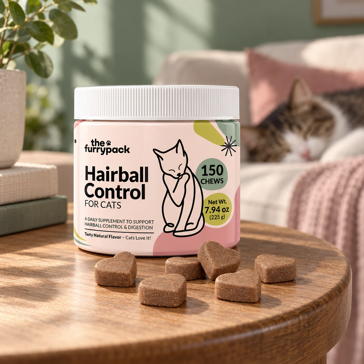 Hairball Control for Cats on a side table next to a sofa where a cat sleeps