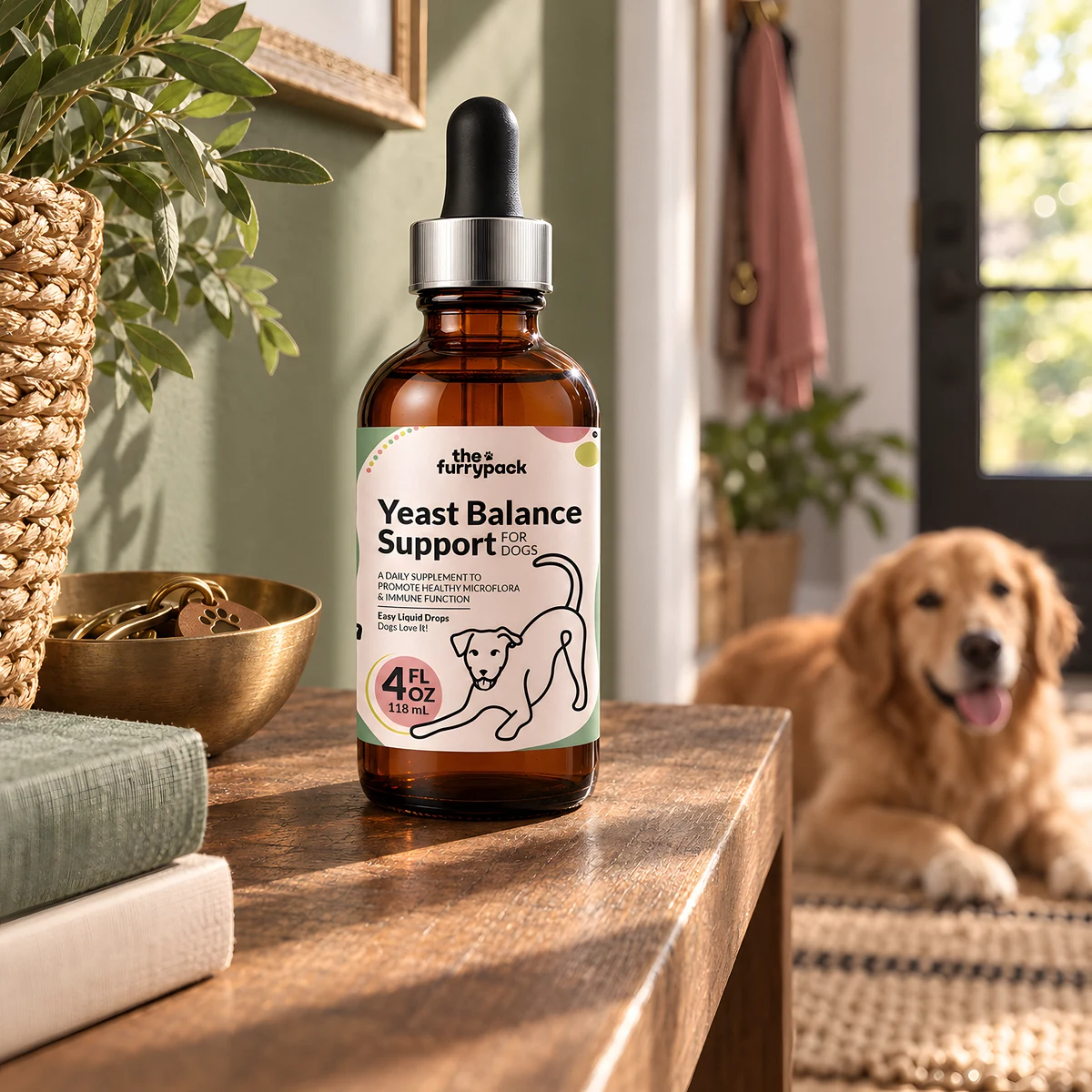 Yeast Balance for Dogs on an entryway shelf with a dog resting on a rug