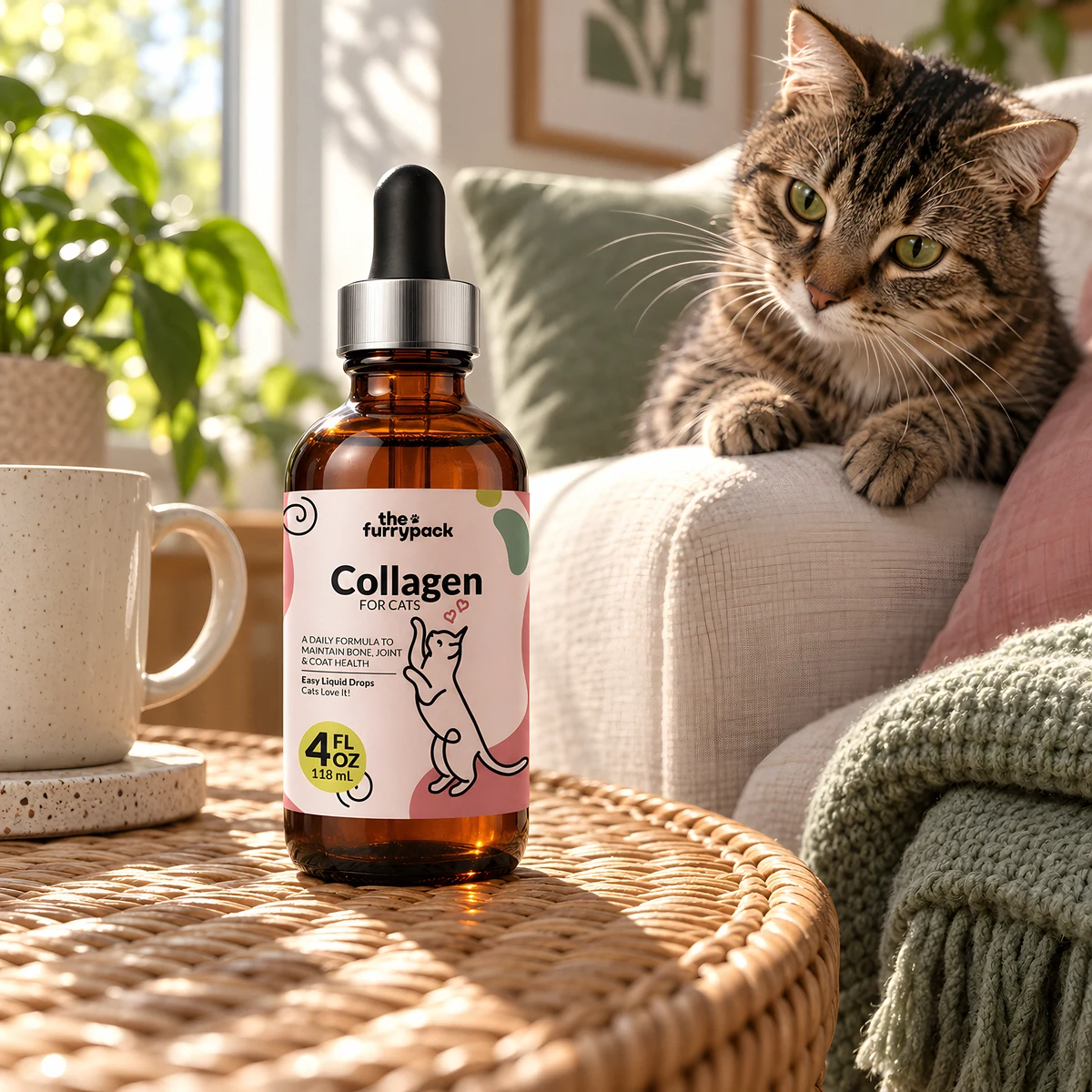 Collagen for Cats on a coffee table with a ginger cat asleep on the sofa