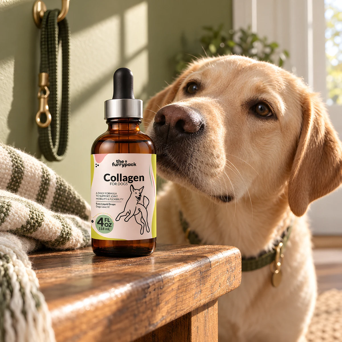 Collagen for Dogs on an entryway bench with a labrador sitting behind it