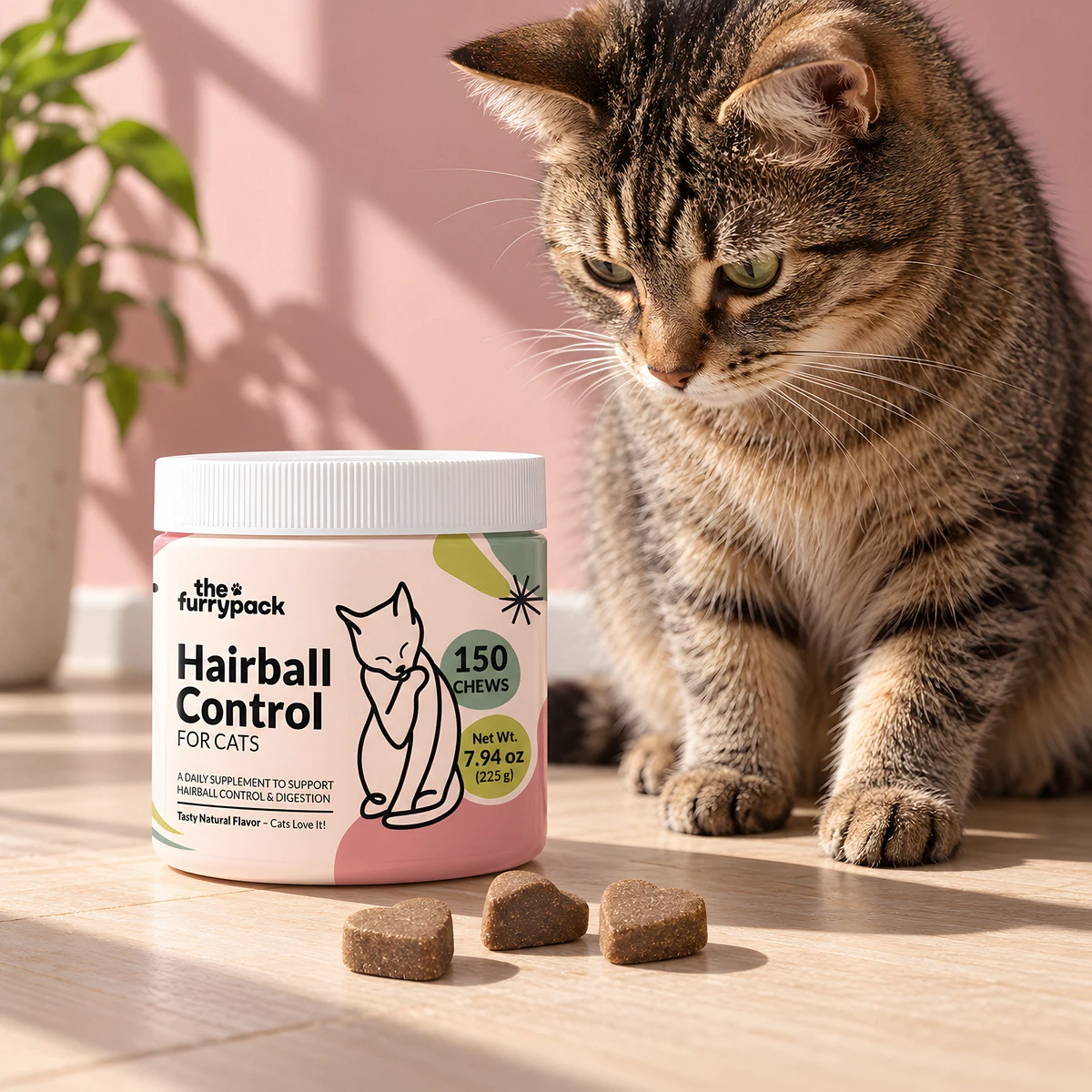Hairball Control for Cats on a wooden floor with a tabby cat looking at it and chews in front