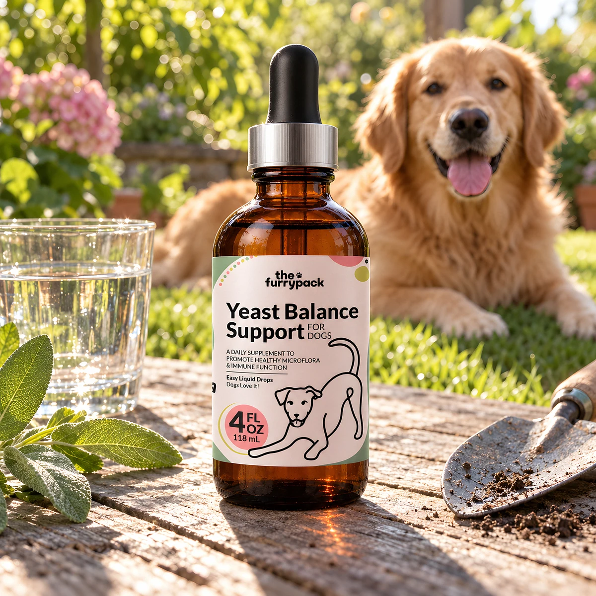 Yeast Balance for Dogs on a garden table with a golden retriever relaxing on the lawn
