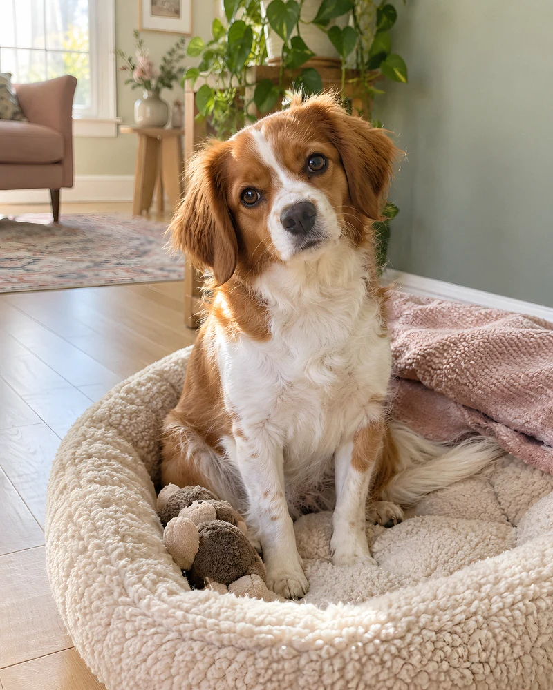A calm brown and white dog sitting in a cream dog bed