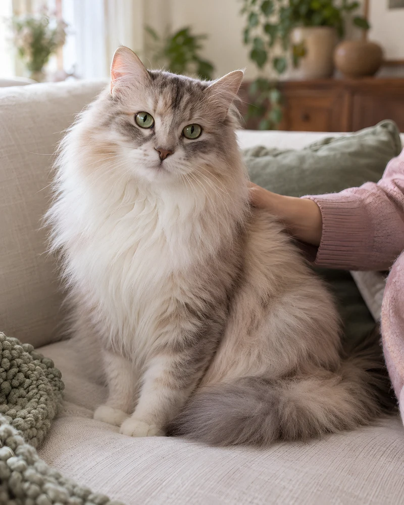 A fluffy grey and cream cat being stroked on a sofa
