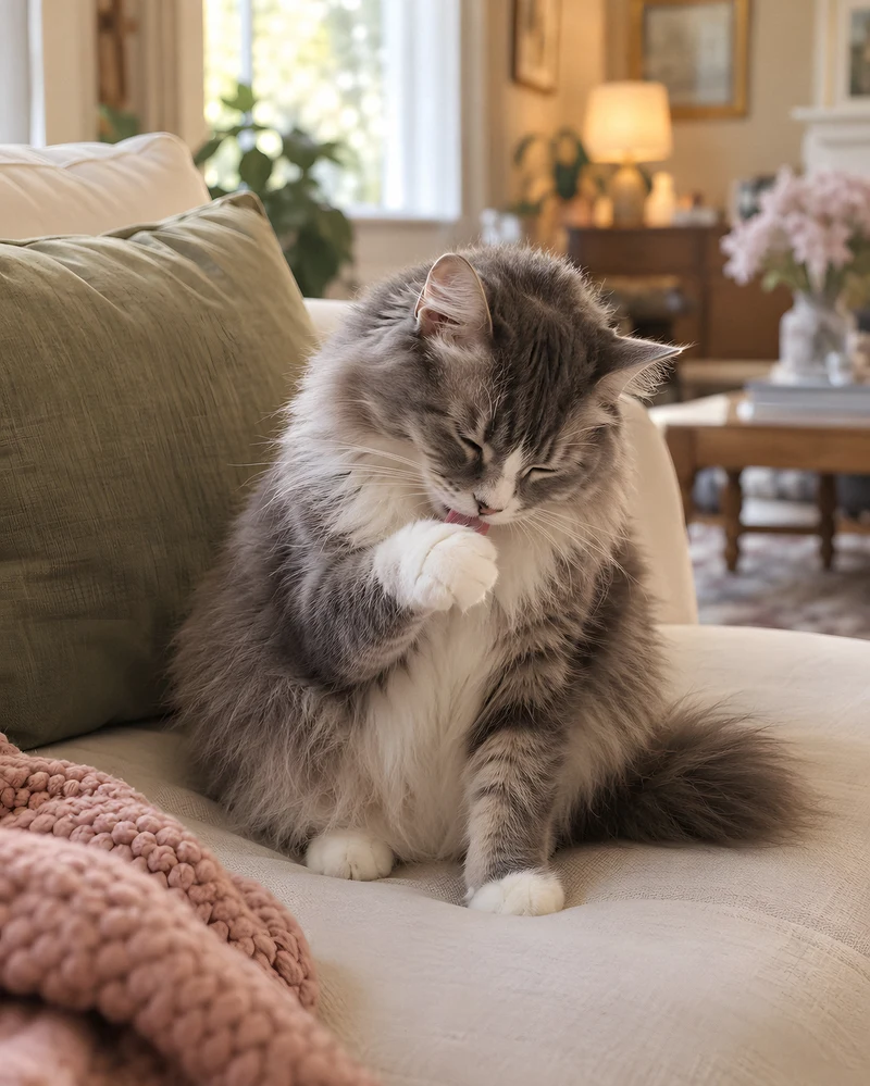 A grey and white cat grooming its paw on a sofa