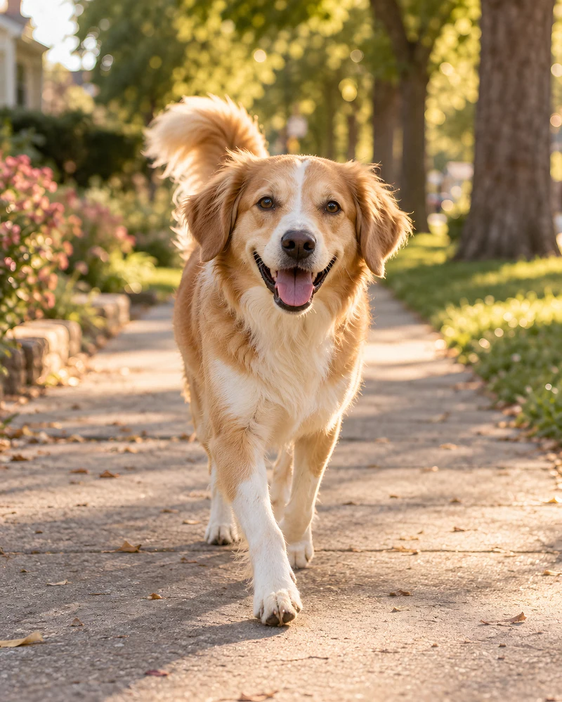 A happy dog trotting along a sunny park path